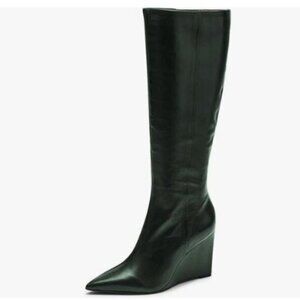 miss left Women Wide Calf Knee High Boots Pointed Toe Wedge High Heels Green